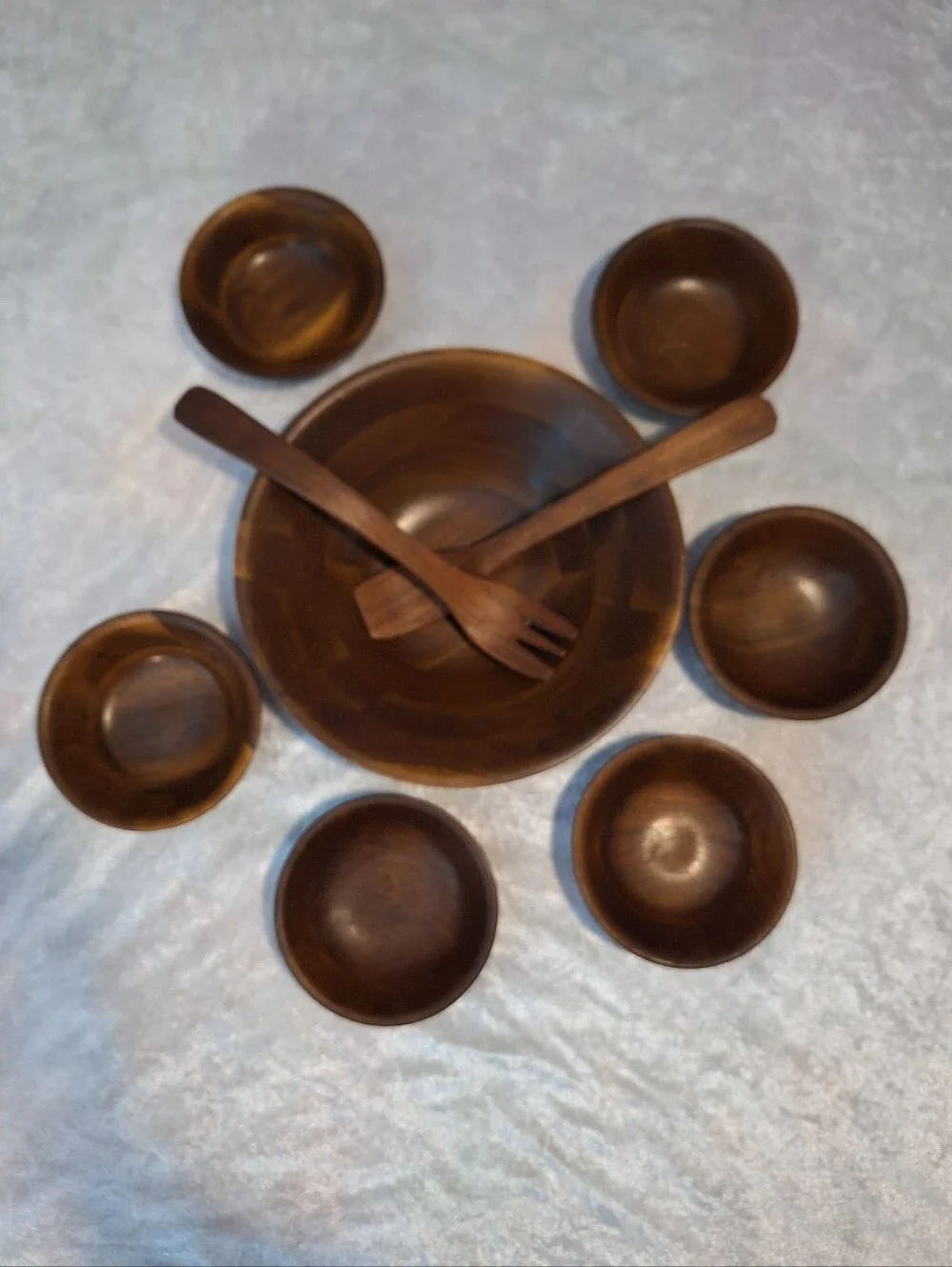 Vintage Vermilion Real Black Walnut 60's Nine piece salad serving bowls